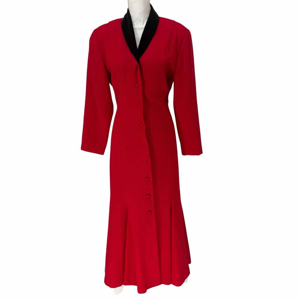 Vintage Georgiou Collection Red Black Velvet Collar Midi Dress Sz XS